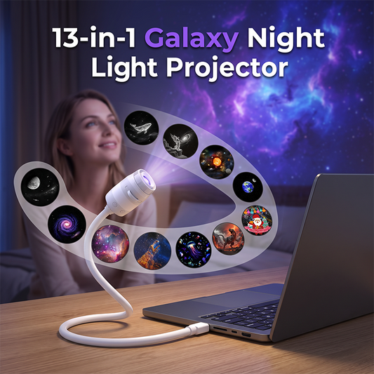 🌌 NU 50 % KORTING! 💫 USB-lamp met sterrenhemelprojectie – 13 verwisselbare filmschijfjes & flexibele hals – perfect voor de slaapkamer ✨