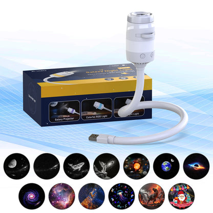 🌌 NU 50 % KORTING! 💫 USB-lamp met sterrenhemelprojectie – 13 verwisselbare filmschijfjes & flexibele hals – perfect voor de slaapkamer ✨