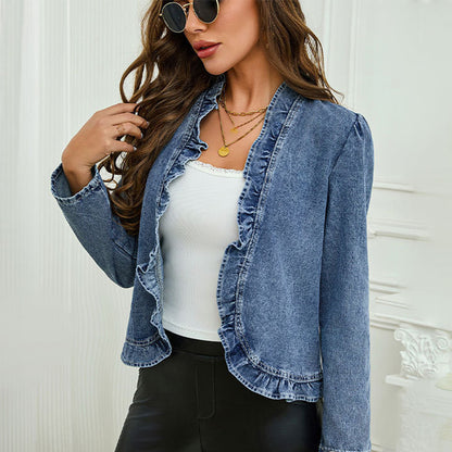 🧥 50% KORTING !! 🌸 Damesjeansjack met ruches en open voorkant – Lichtgewicht en vrouwelijk – Veelzijdig en chic 👗