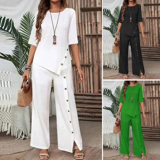 Onregelmatige tweedelige set 👗: Asymmetrische top + broek met enkele rij knopen — Ruimvallend & ademend 🛍️