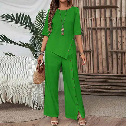 Onregelmatige tweedelige set 👗: Asymmetrische top + broek met enkele rij knopen — Ruimvallend & ademend 🛍️