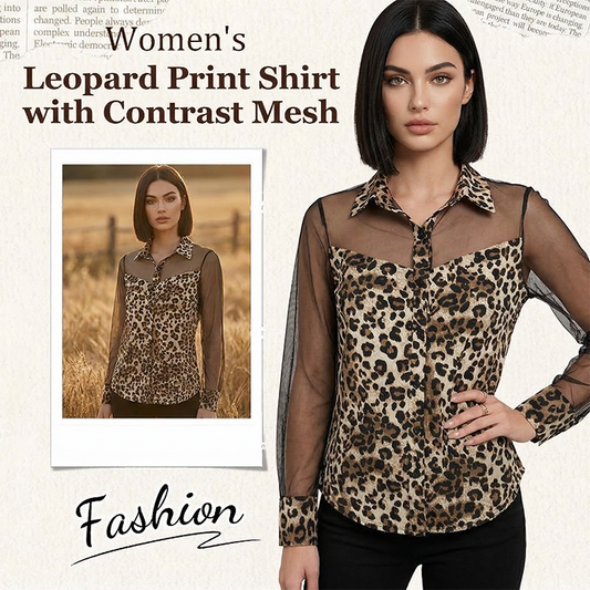 👚60% KORTING! 🐆 Damesblouse met luipaardprint en contrasterend mesh – Lange mouwen, aansluitend model en perfect voor zowel kantoor als avondje uit ✨