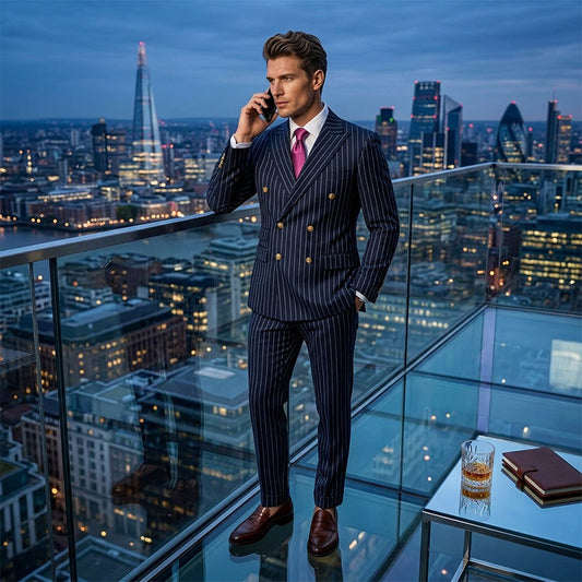 Herenpak met krijtstreep 👔 Optisch afslankend en verlengend, dubbelknoopsluiting met puntrevers, slanke pasvorm 💼 Geschikt voor zakelijke gelegenheden en bruiloften 🏆
