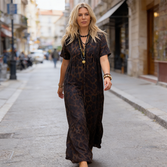 💃Jurk met luipaardprint🐆 V-hals, hoge taille, flatterend model, zwierige rok, ademende korte mouwen, straalt direct wilde elegantie uit! ✨