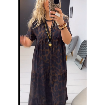 💃Jurk met luipaardprint🐆 V-hals, hoge taille, flatterend model, zwierige rok, ademende korte mouwen, straalt direct wilde elegantie uit! ✨