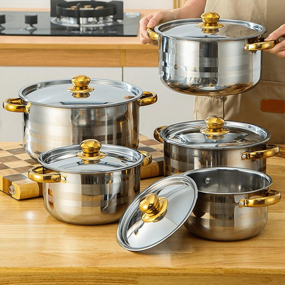 Vijfdelige kookset 🍲 Alles wat je nodig hebt om te stoven, koken en roerbakken. Verdikt roestvrij staal, transparant deksel, gouden handgreep. Geschikt voor alle soorten kookplaten 🔥