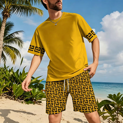 👕 50% KORTING! 💛 Heren trainingsset met korte mouwen en gele grafische print – Comfortabel, sportief en perfect voor training en vrije tijd – Plooi-bestendig en koel katoen 🔥