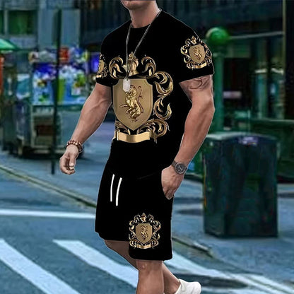 👕 NU 50% KORTING! 👑 Set met T-shirt en korte broek met Gold Crest-print voor heren – Stijlvol, ademend en perfect voor ontspannen zomerdagen of sportieve looks 🩳