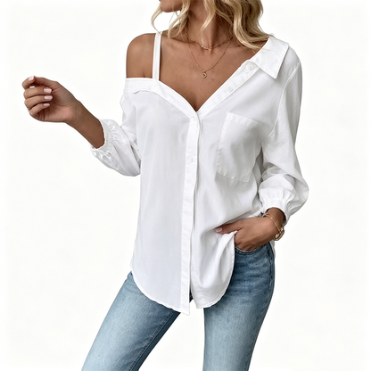 👚 50% KORTING! ✨ Off-shoulder knoopblouse voor dames – asymmetrisch, crêpe en lange mouwen – luchtig, casual en chic 💫